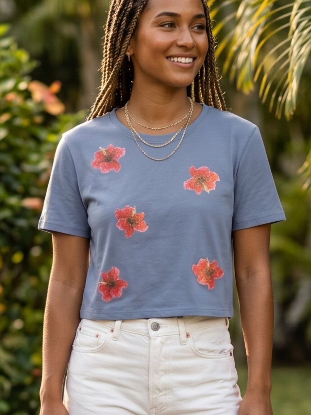 NWOT | Floral Cropped Tee | Hibiscus Graphic Print | Periwinkle Blue | XL